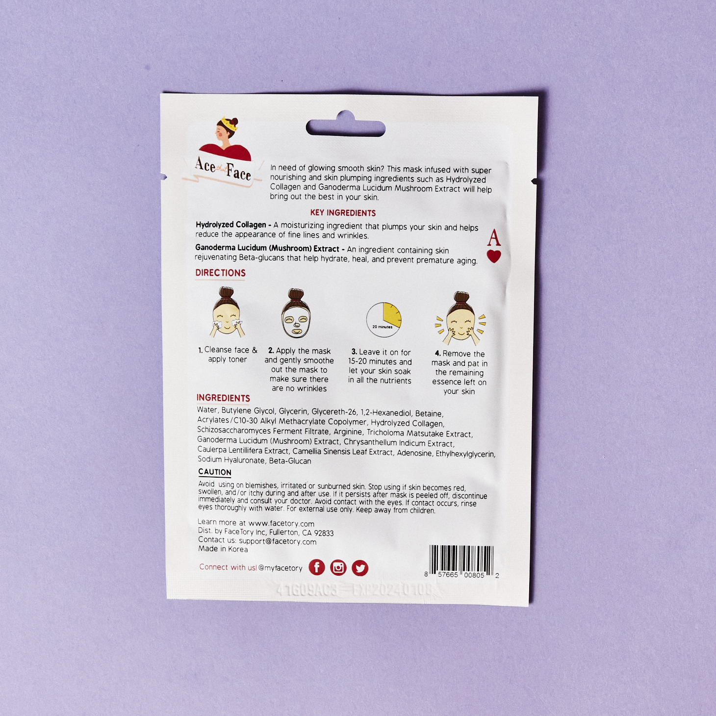 back of ace sheet mask showing instructions and ingredients