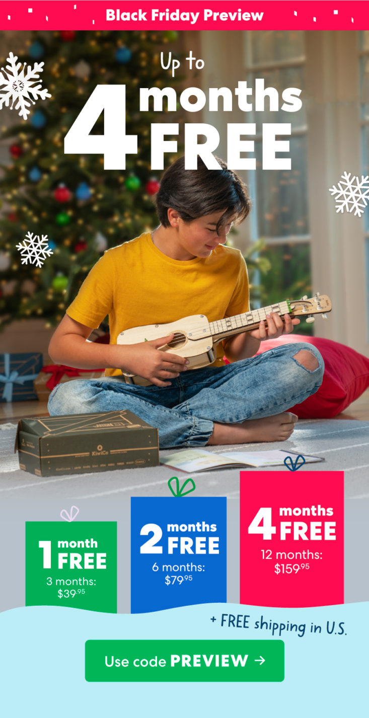 photo of young man playing plain wood guitar in front of Christmas tree and graphics about the Black Friday sale