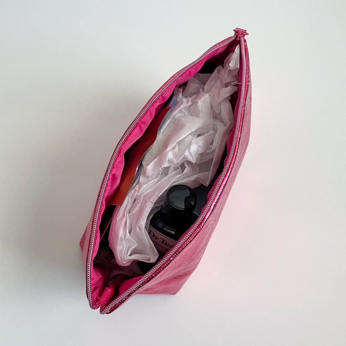 metallic pink makeup bag, open