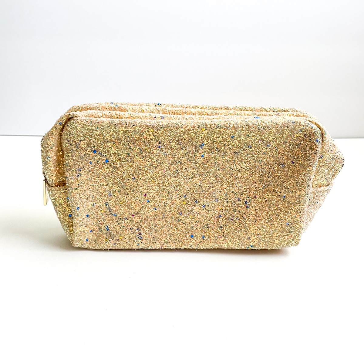 sparkly gold makeup bag, closed