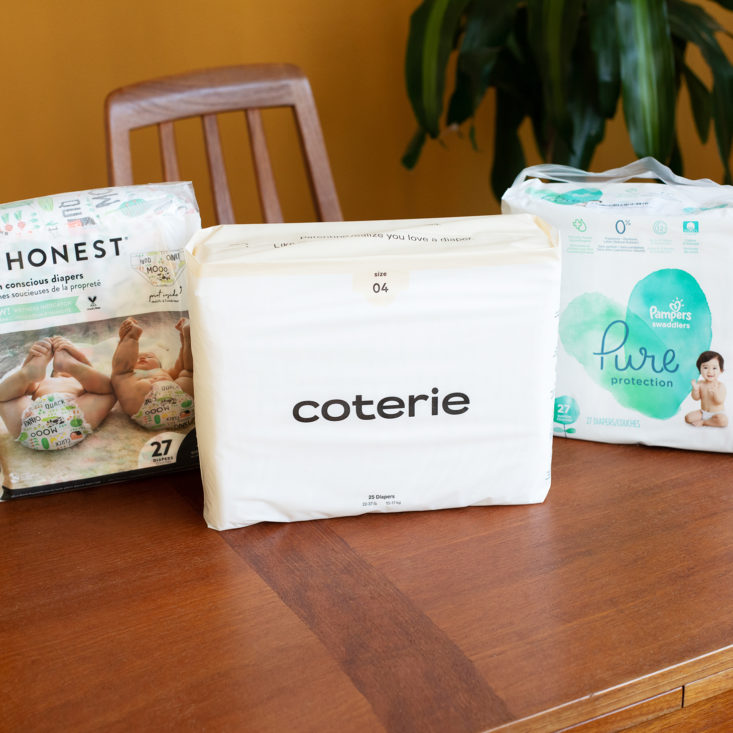 comparing Honest, Coterie, and Pampers Pure diapers.