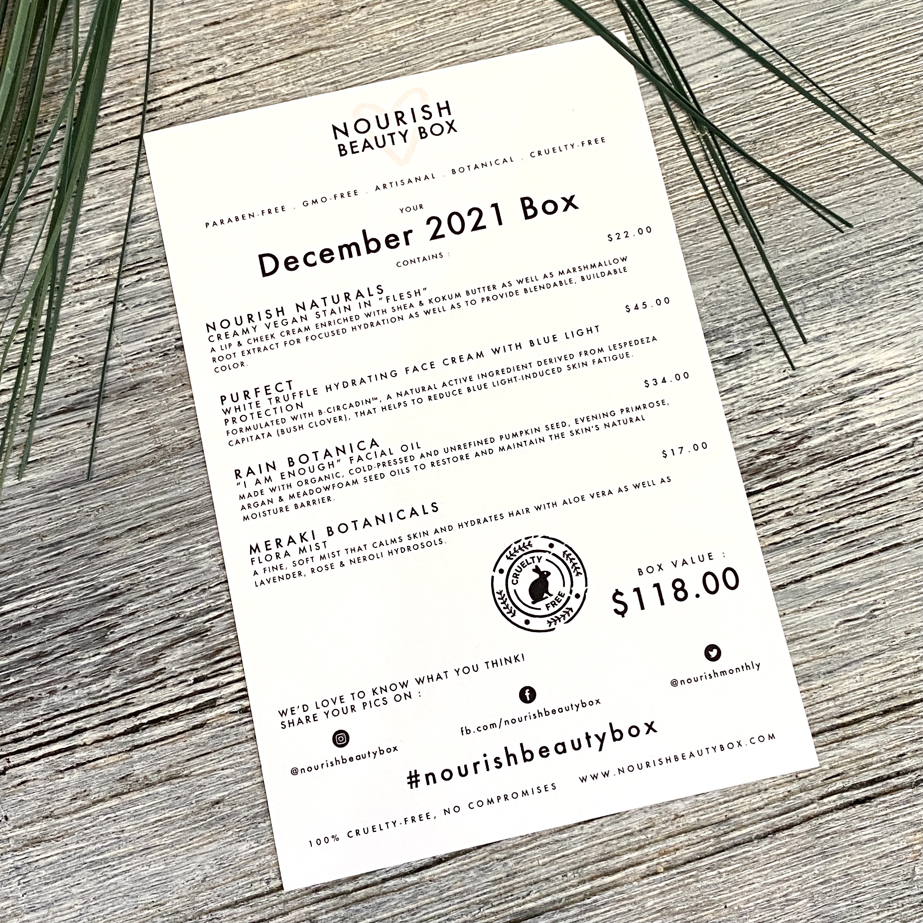 Front of Card for Nourish Beauty Box December 2021