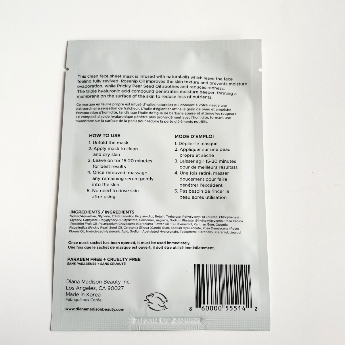 white sheet mask packaging, back