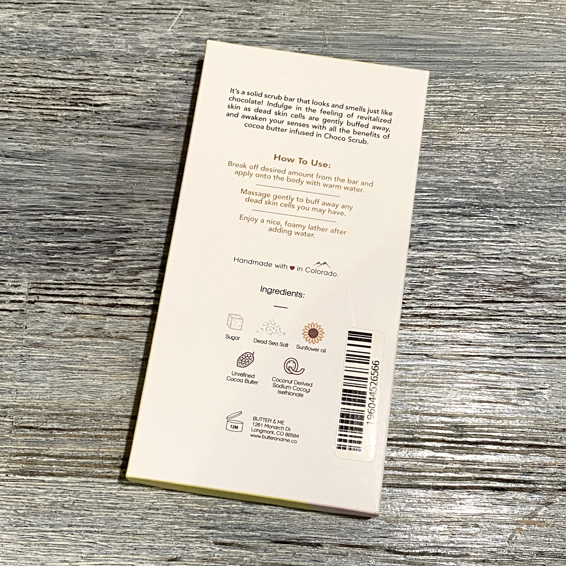 Back of Butter & Me Choco Scrub Bar for Bombay and Cedar Lifestyle Box September 2021