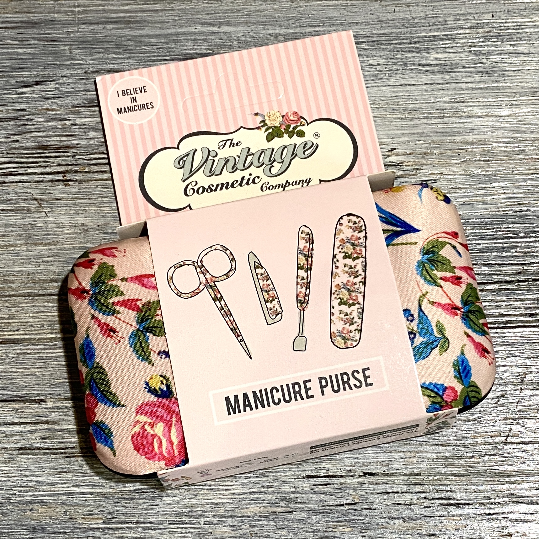 Front of Vintage Cosmetic Co. Manicure Purse Set for Bombay and Cedar The Beauty Box October 2021