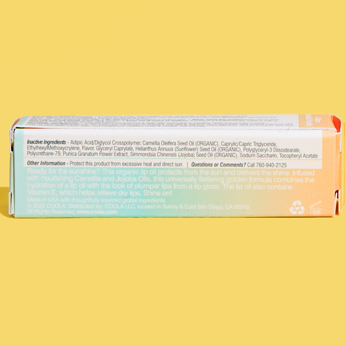 Back of COOLA Classic Liplux Organic Hydrating Lip Oil Sunscreen SPF 30 for Beachly Beauty Box November 2021