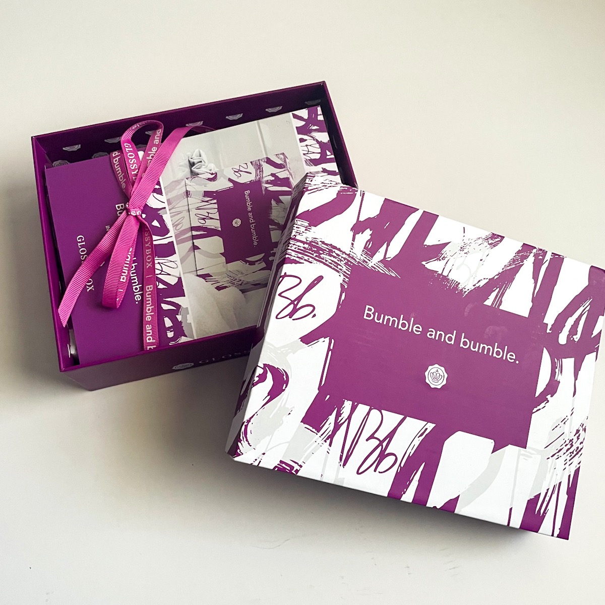 purple and white box, opened