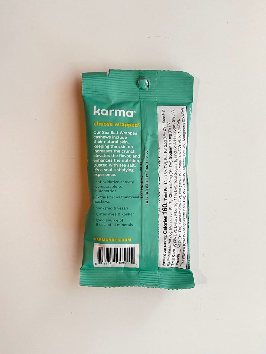 karma cashews packet nutrition facts