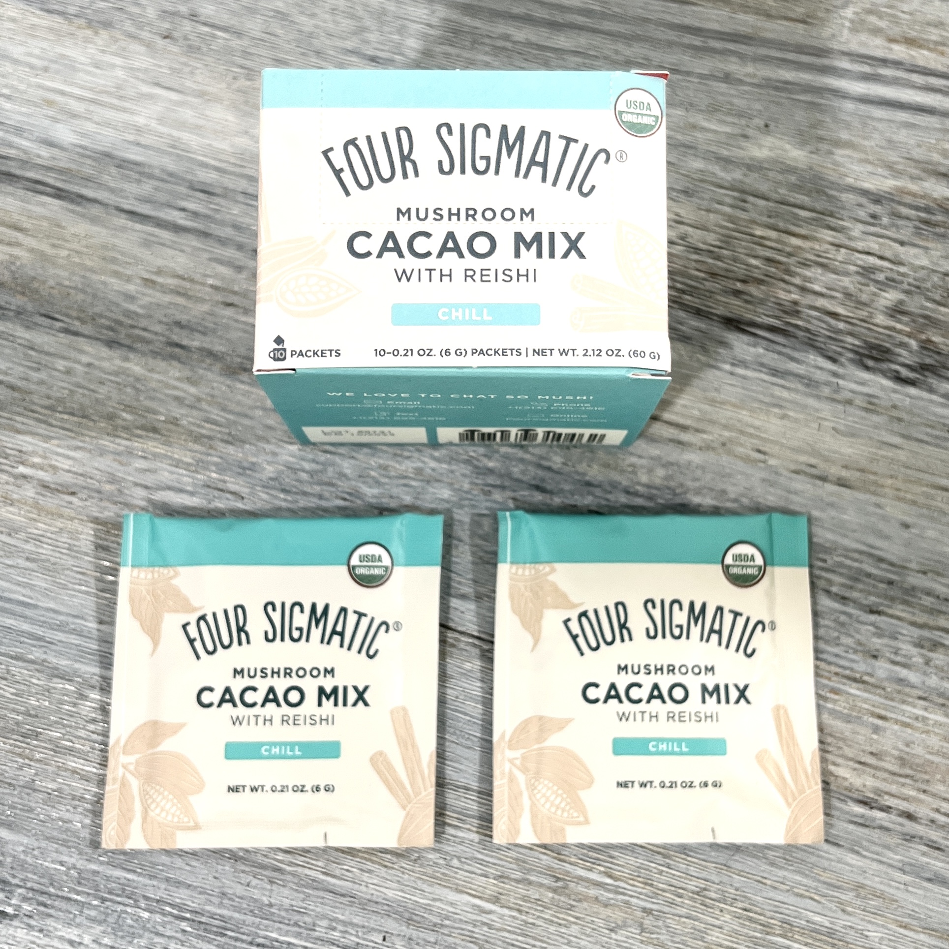 Front of Four Sigmatic Mushroom Cacao Chill Mix for Bombay and Cedar December 2021 Lifestyle Box