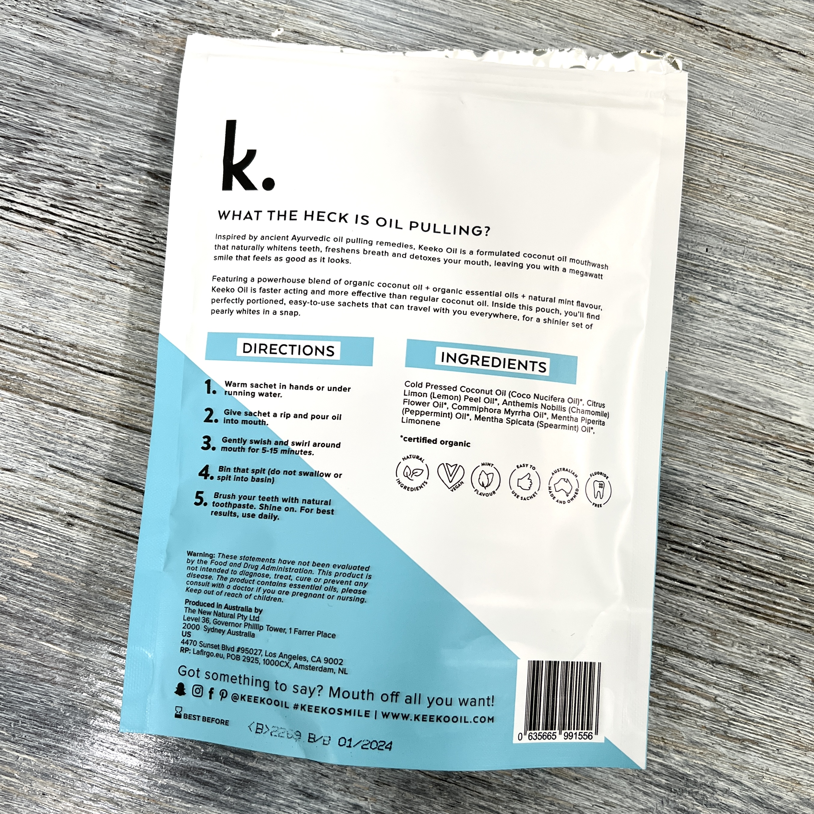 Back of Keeko Coconut Oil Pulling Sachets for Bombay and Cedar December 2021 Lifestyle Box