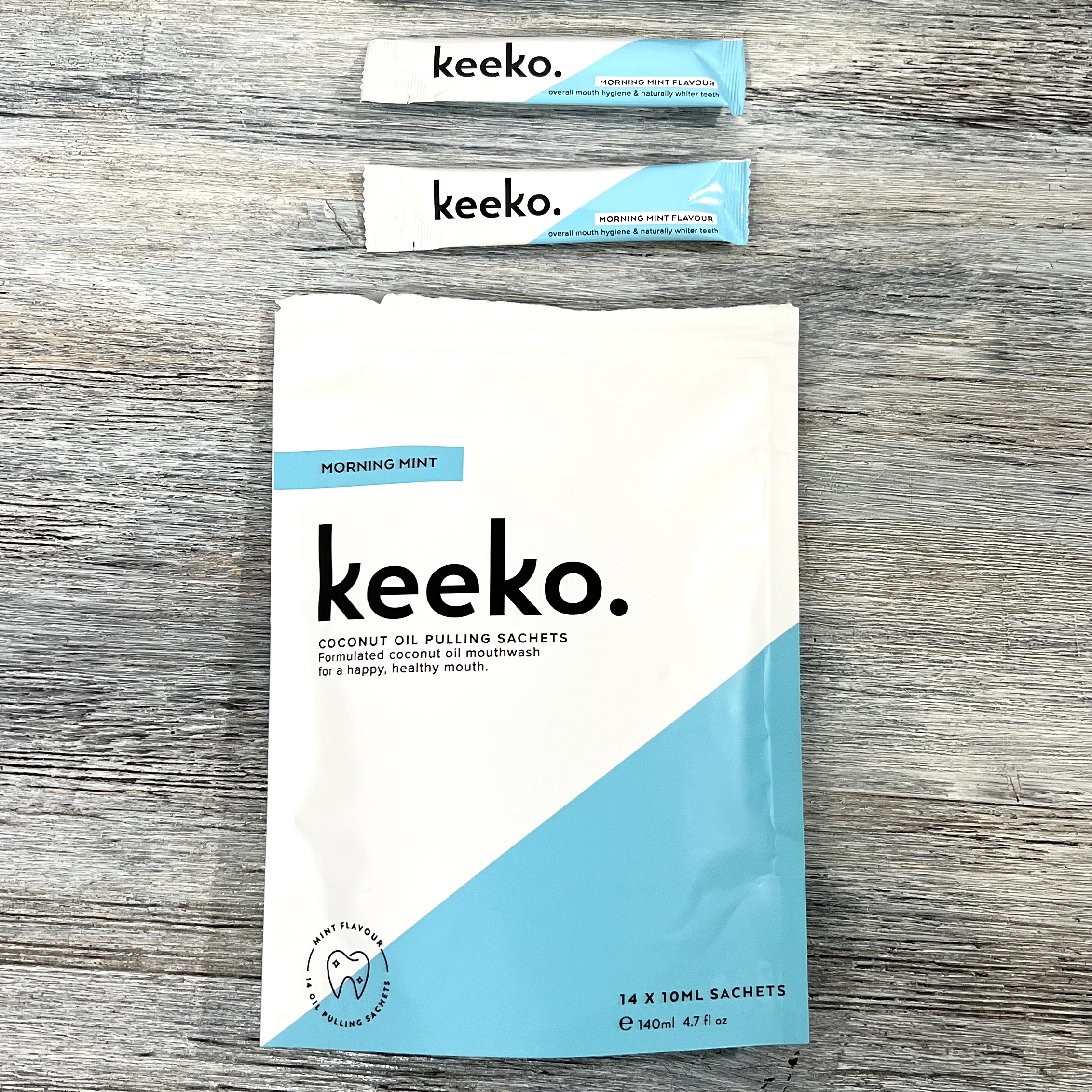 Front of Keeko Coconut Oil Pulling Sachets for Bombay and Cedar December 2021 Lifestyle Box