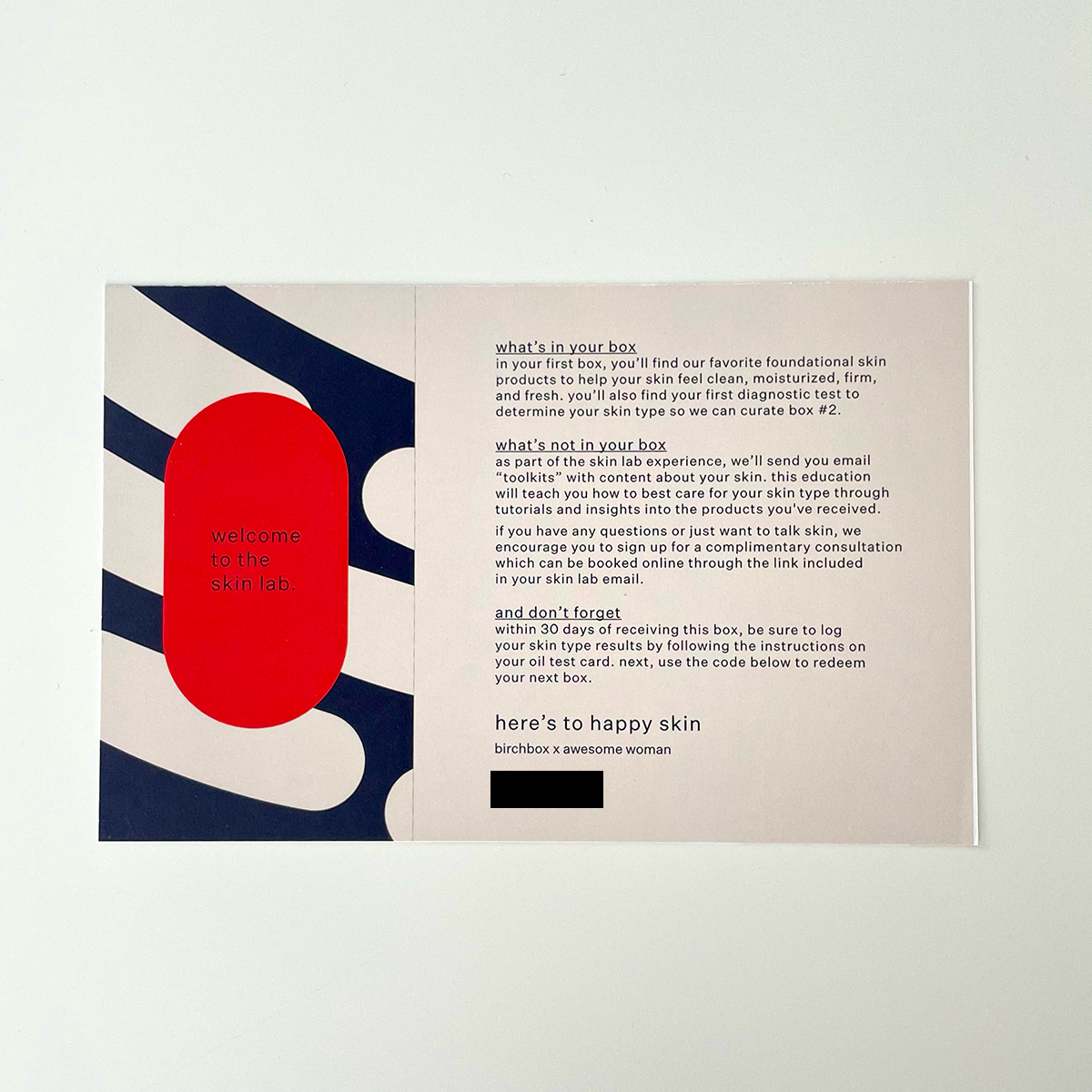 red, white, and blue information card with instructions