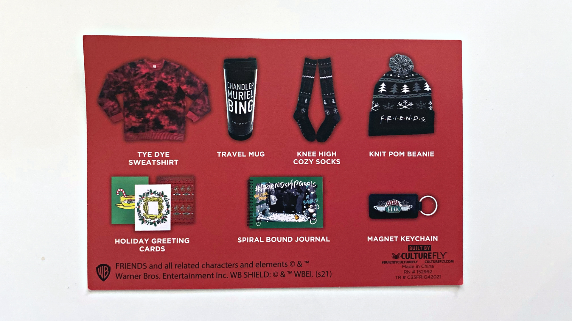 red card showing the items of the friends box