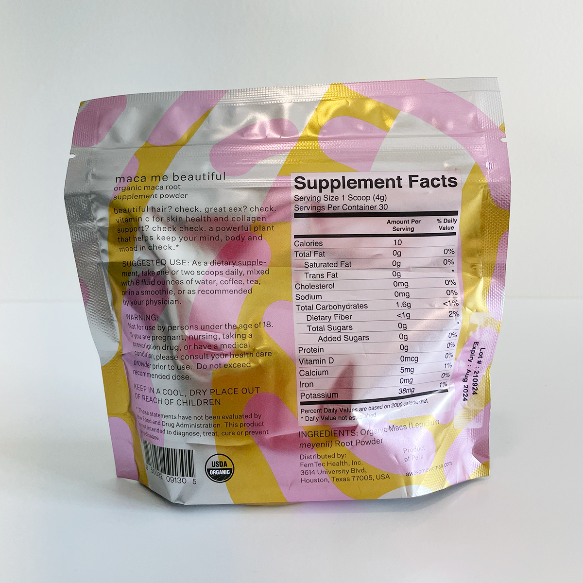 maca powder bag with nutritional facts labeled