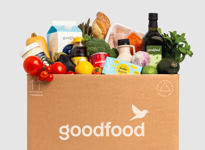Grocery items on top of goodfood box