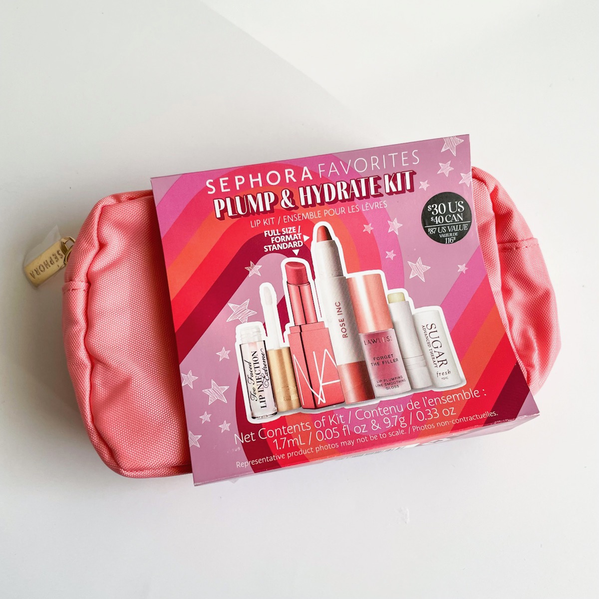 pink makeup bag with paper wrapped around it