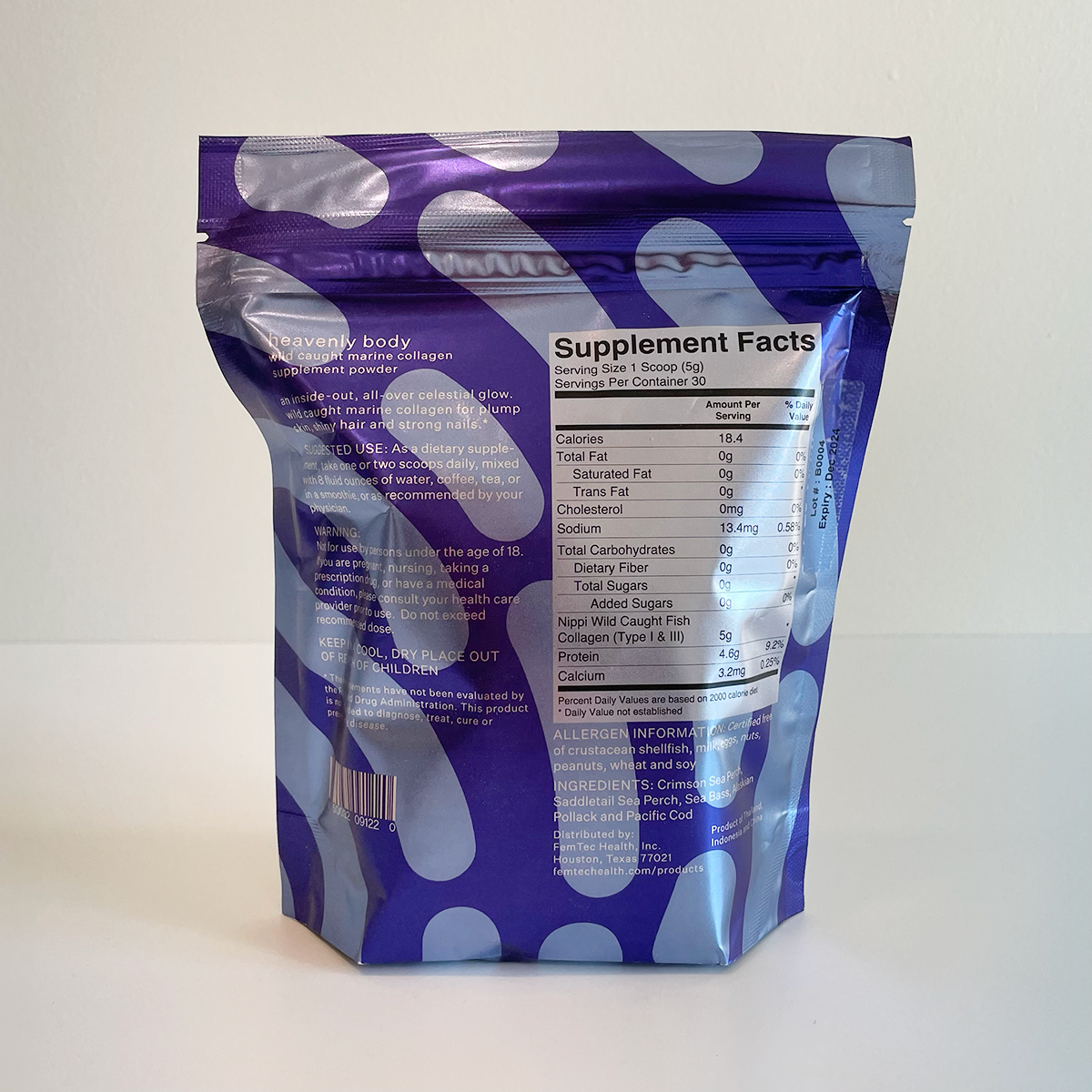 marine collagen powder bag with nutritional facts labeled