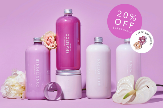 Function of Beauty Valentine’s Sale: Get 20% Off Your First Large Shampoo & Conditioner Set + Free Satin Scrunchy Set!