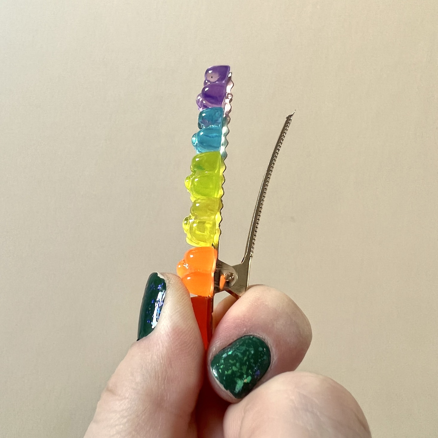 hair pin with rainbow gummy bears