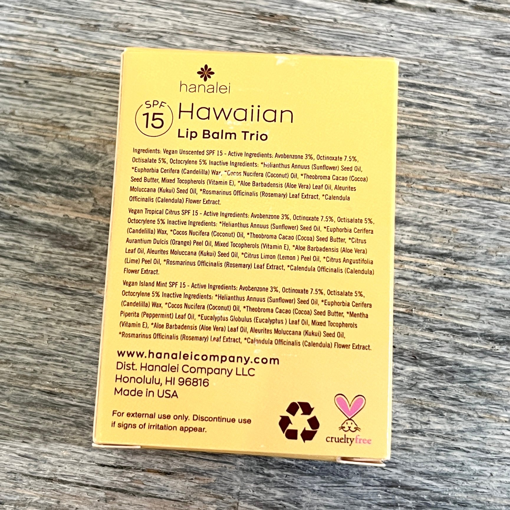 Back of Hanalei Hawaiian Lip Balm Trio for Beachly Beauty Box Winter 2021