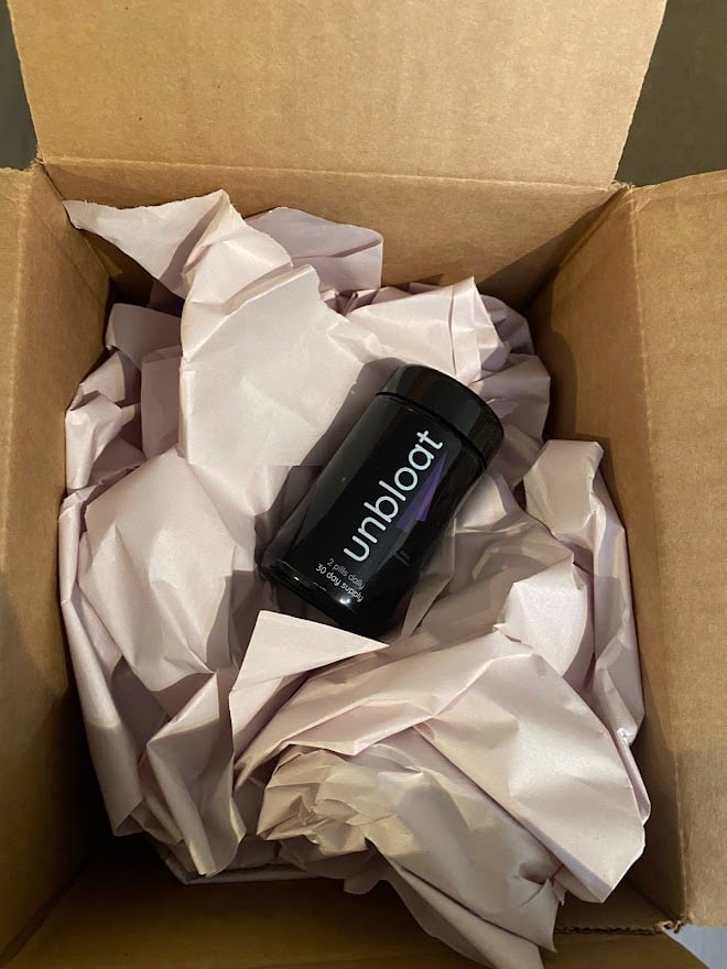 unbloat bottle inside a cardboard box