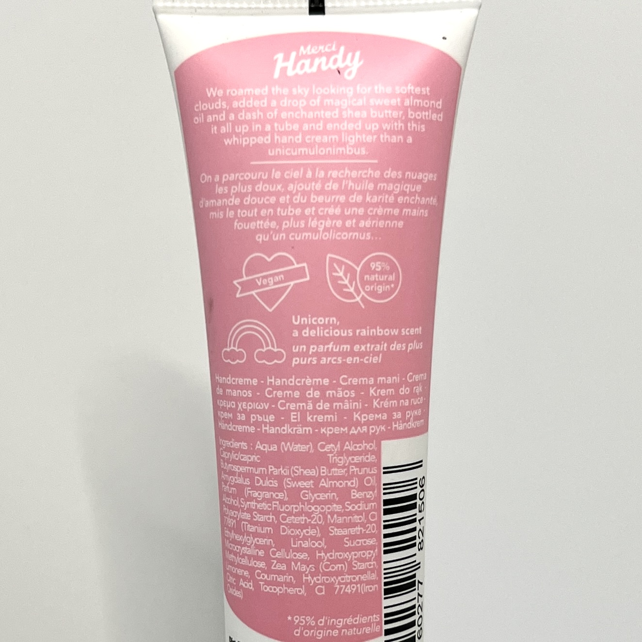 Back of Merci Handy Hand Cream in Unicorn for Glossybox March 2022