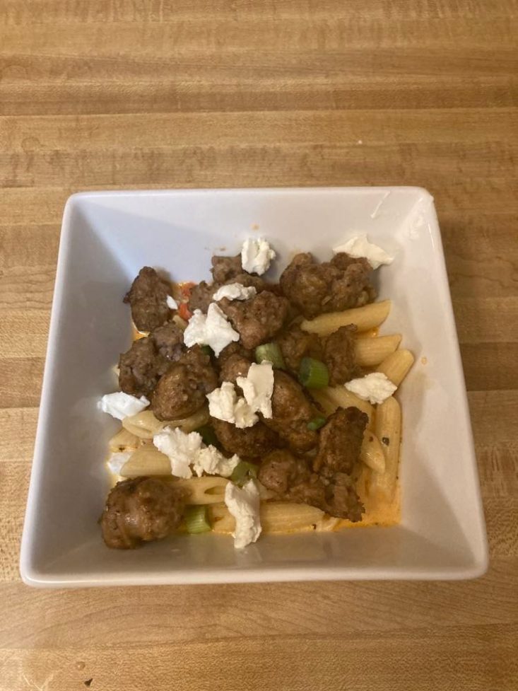 Home Chef March Roasted Red Pepper and Italian Sausage Penne with Goat Cheese