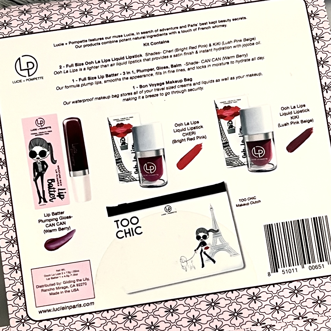 Back of Lucie and Pompette Too Chic Lip Kit for Bombay and Cedar The Beauty Box February 2022