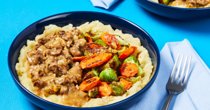 EveryPlate Gravy Steak & Mashed Potato Bowls with Honey Roasted Brussels Sprouts & Carrots