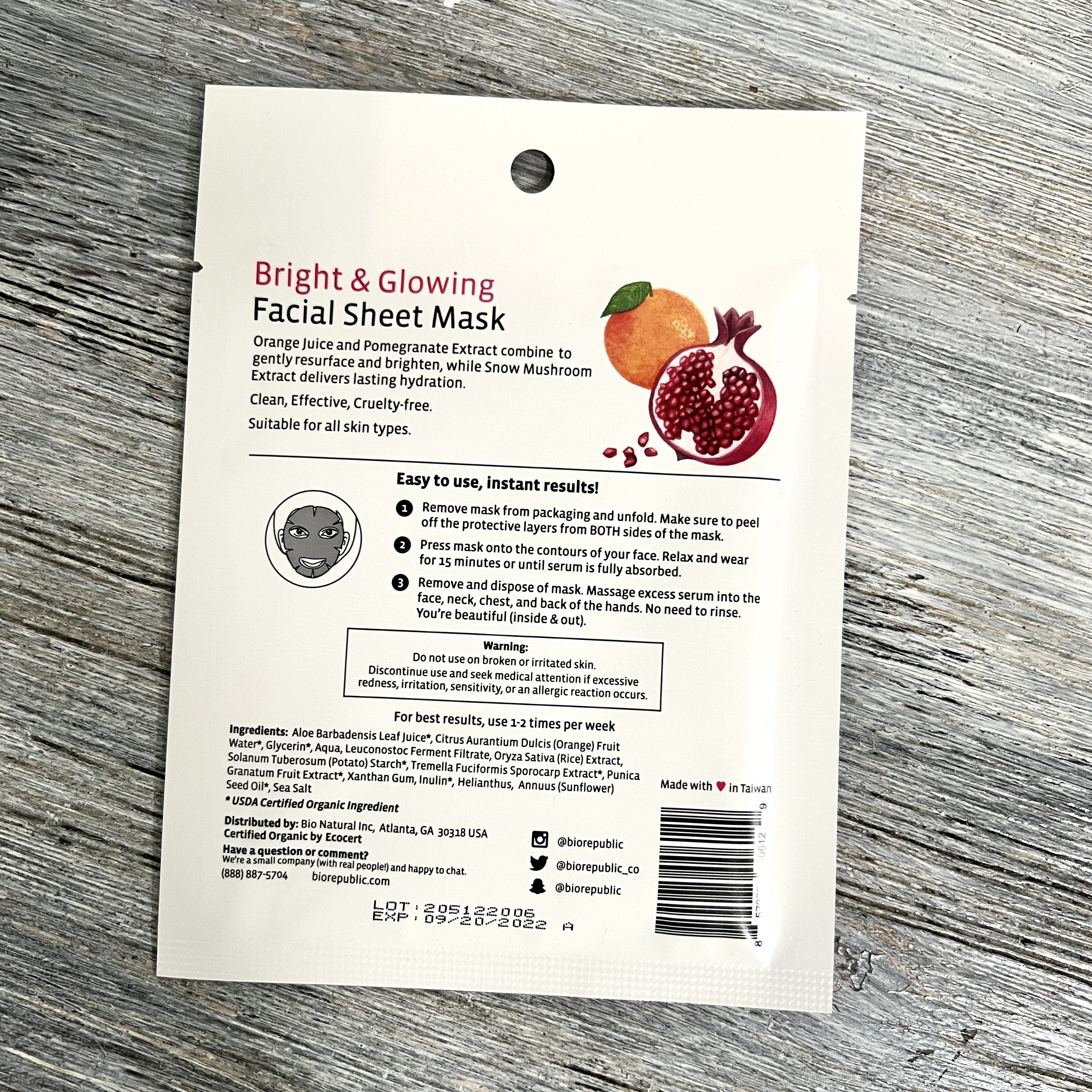 Back of BioRepublic Sheet Mask for Cocotique March 2022