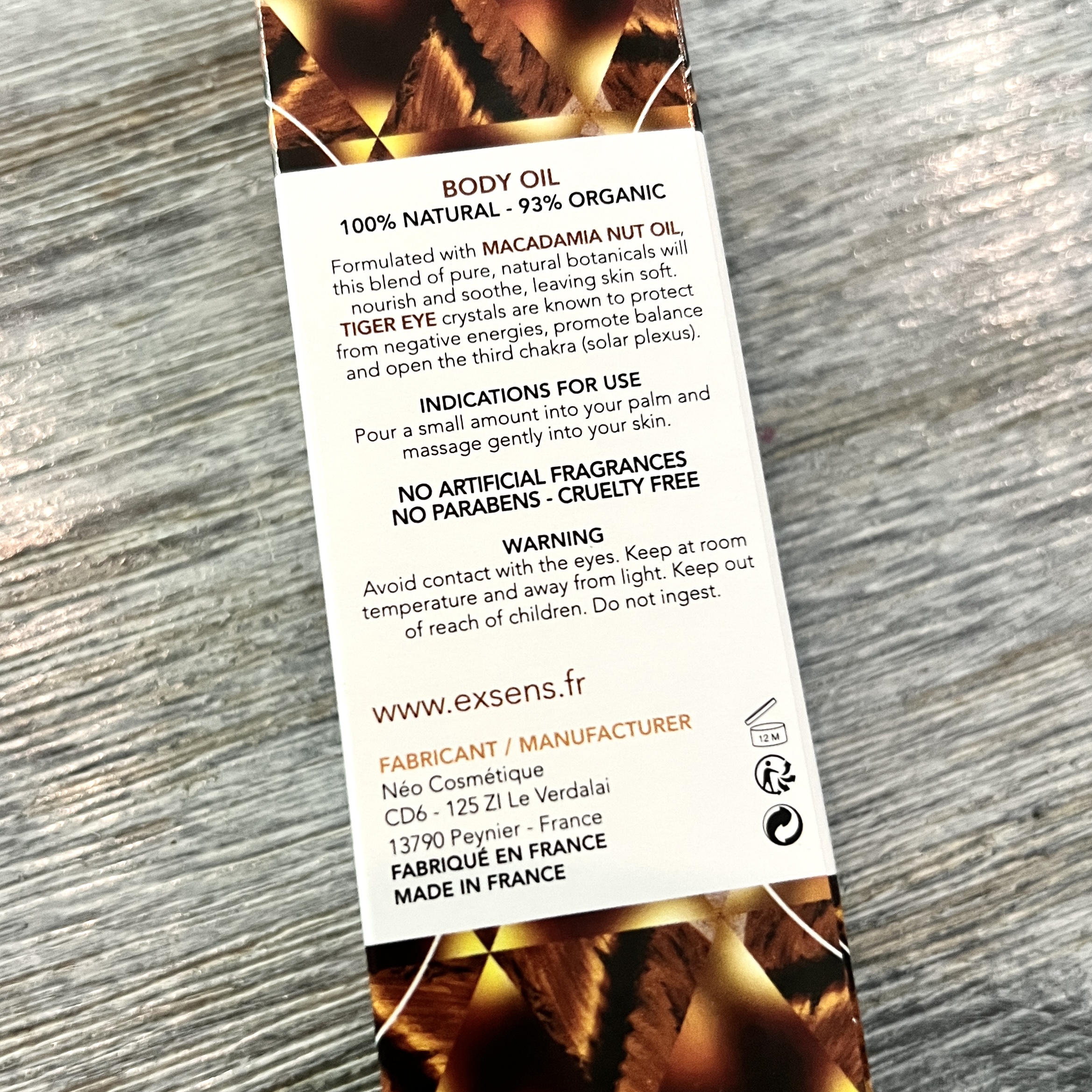 Back of EXSENS Tiger Oil Macadamia Body Oil for Cocotique April 2022