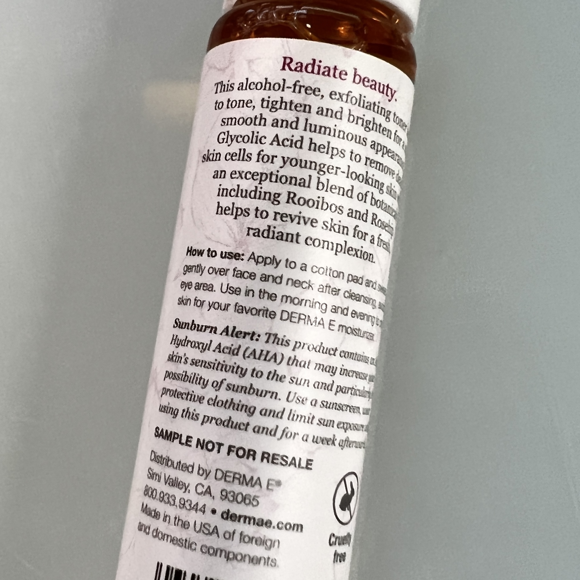 Back of Derma E Radiance Toner for Birchbox May 2022