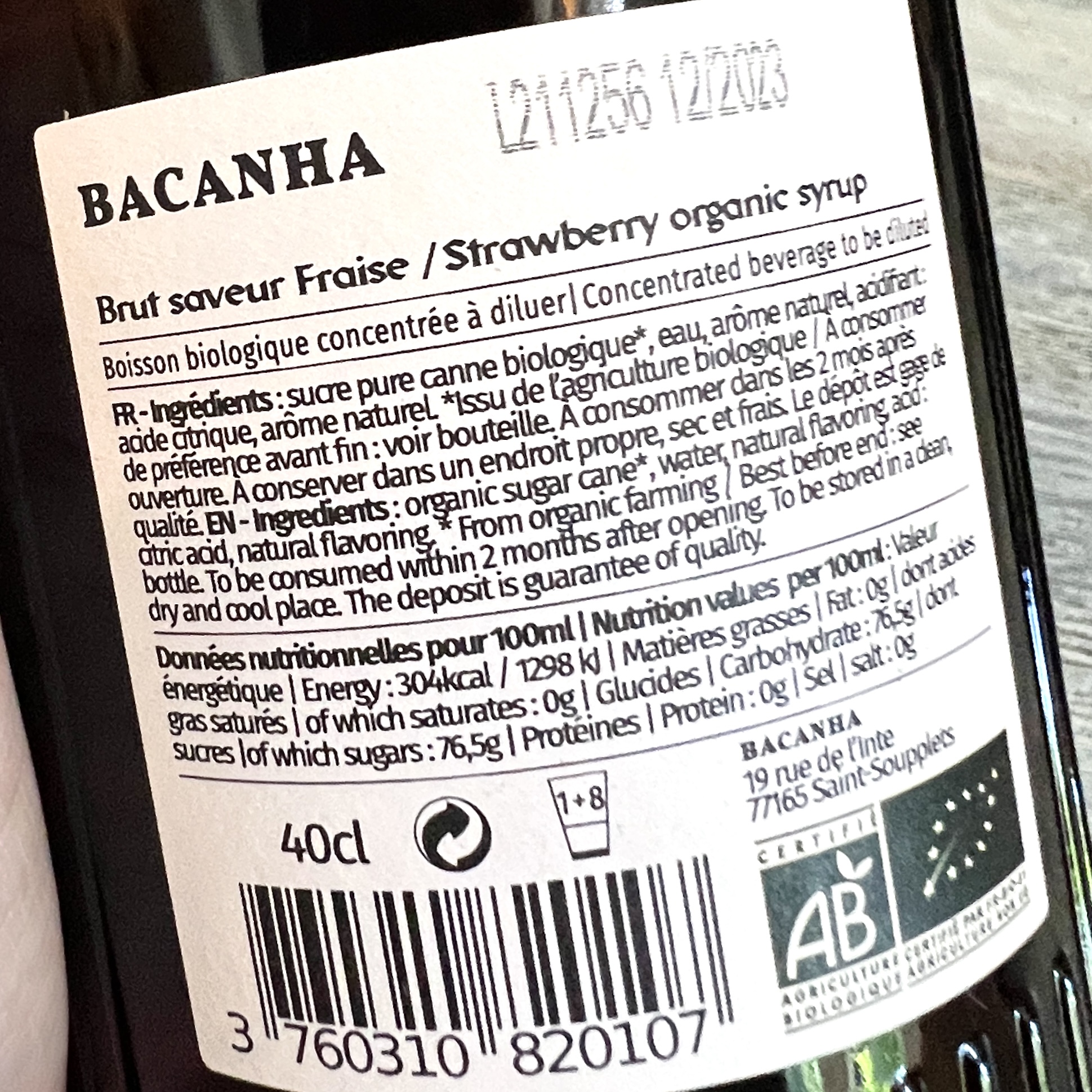 Back of Bacanha Raw Syrup for Bombay and Cedar Spring 2022 Quarterly Lifestyle Box