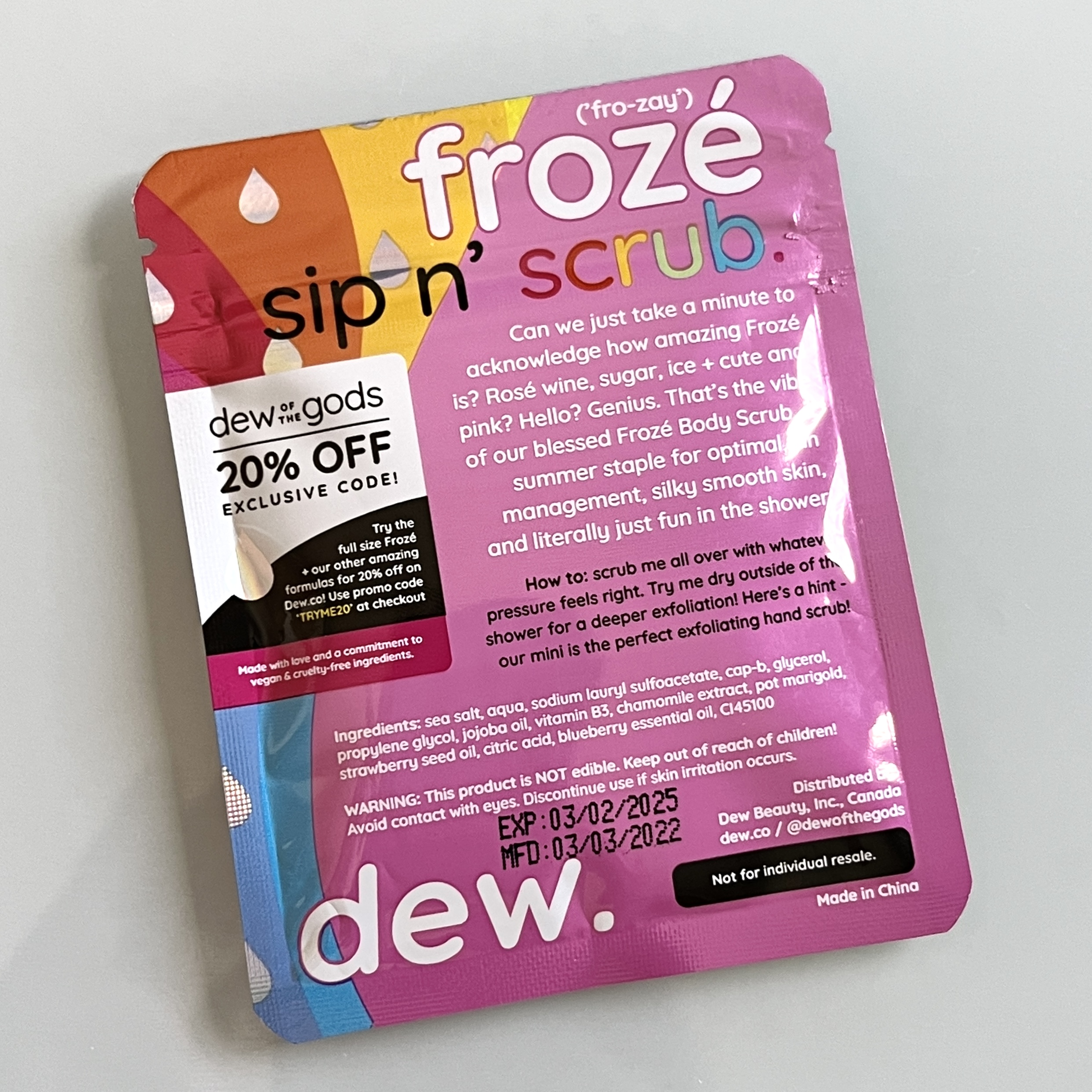 Back of Dew of the Gods Scrub for IPSY June 2022