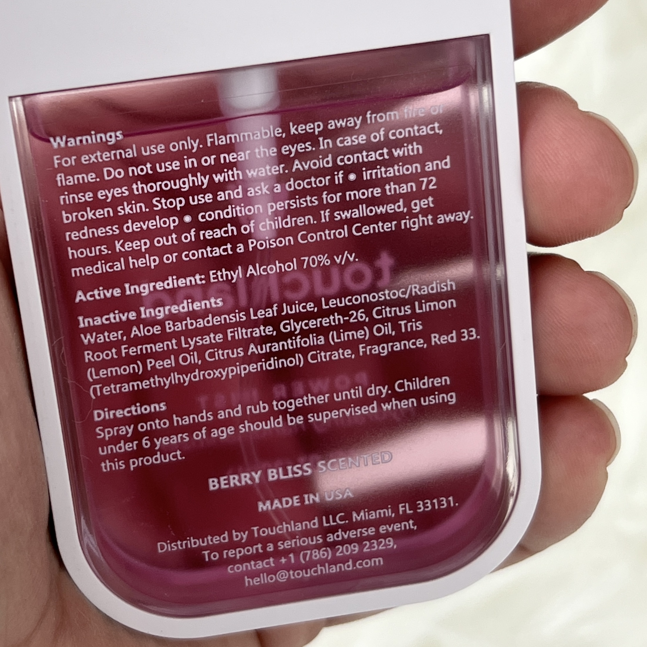 Back of Touchland Hand Sanitizer for GlossyBox June 2022