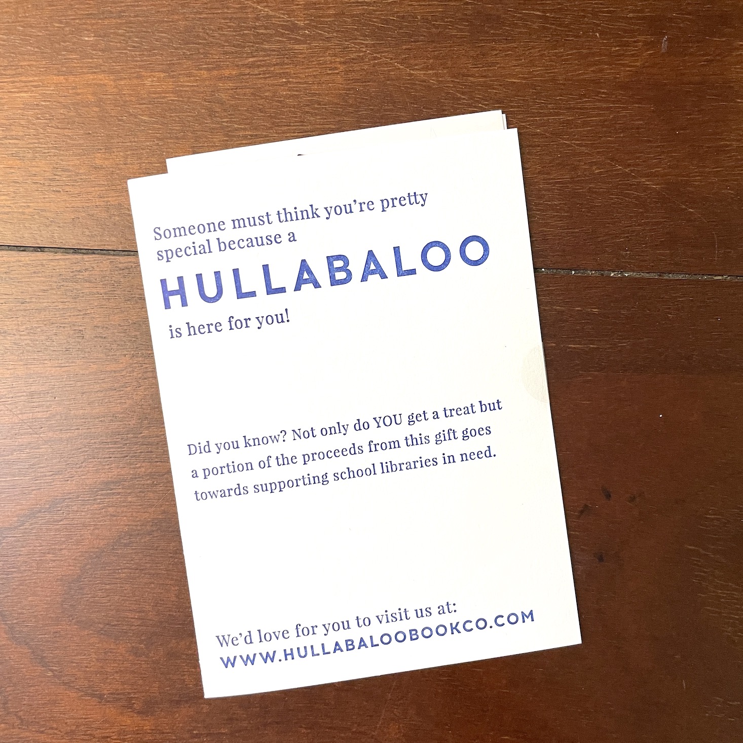 Hullabaloo Book Co. gift note