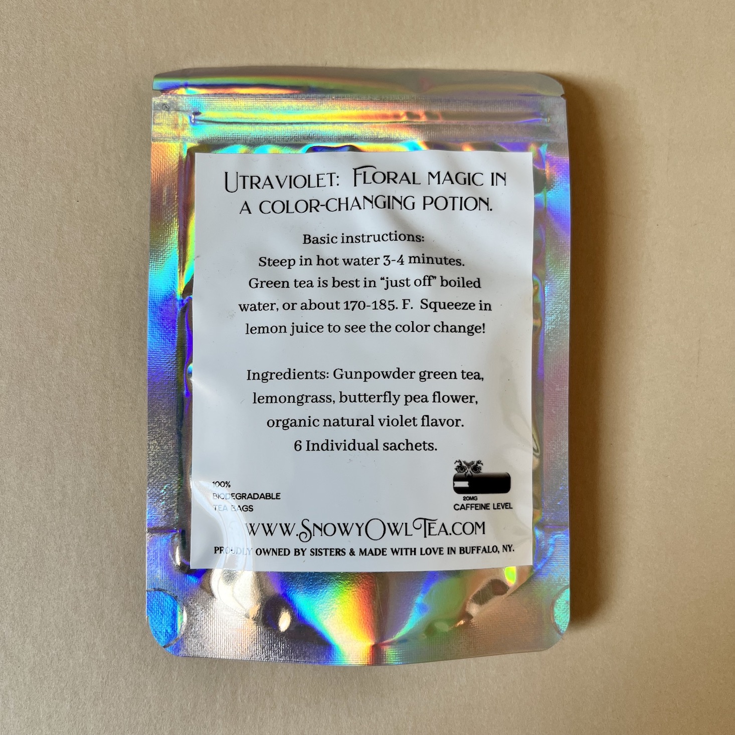 tea packet with funky holographic packaging