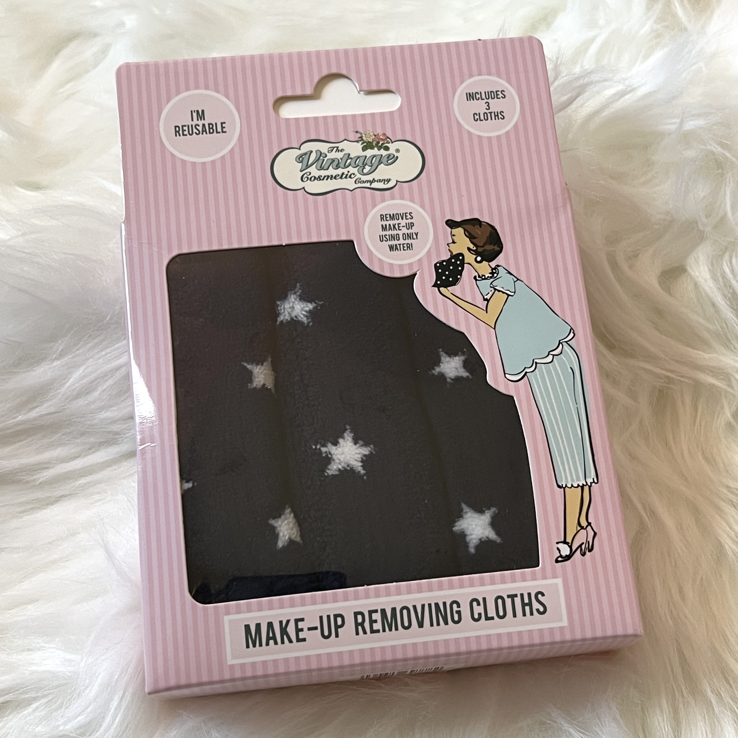 Front of The Vintage Cosmetics Company Makeup Removing Cloths for GlossyBox x Flat Lay Co. Limited Edition