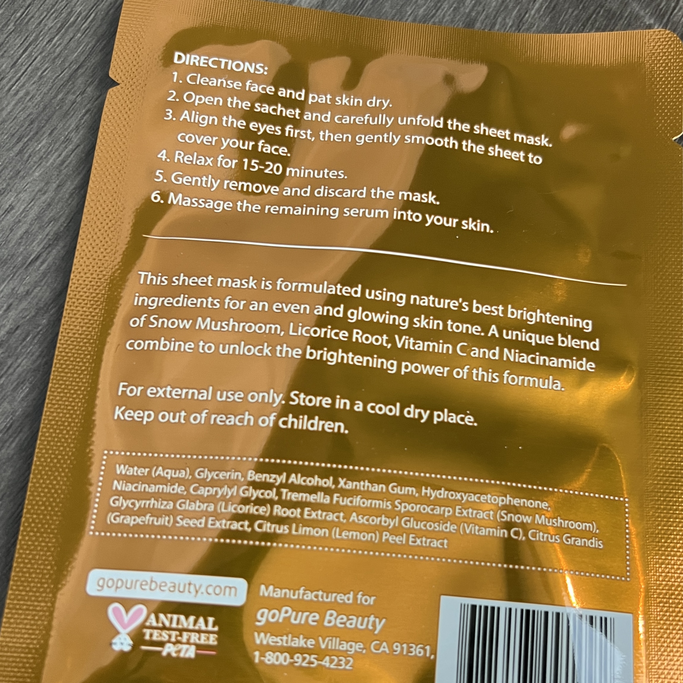 Back of GoPure Active Sheet Masks for Cocotique September 2022