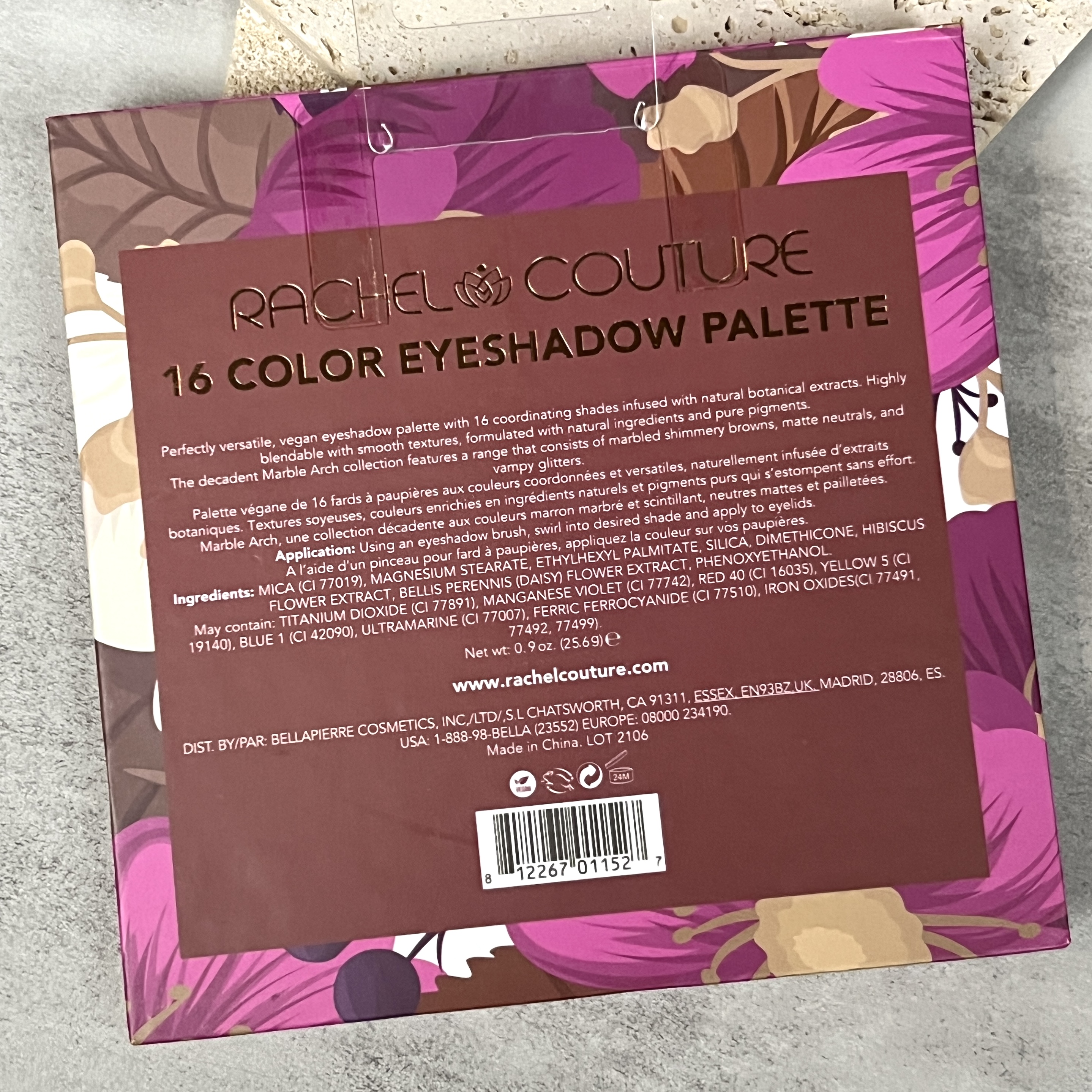 Back of Rachel Couture Marble Arch Eyeshadow Palette for Nourish Beauty Box December 2022