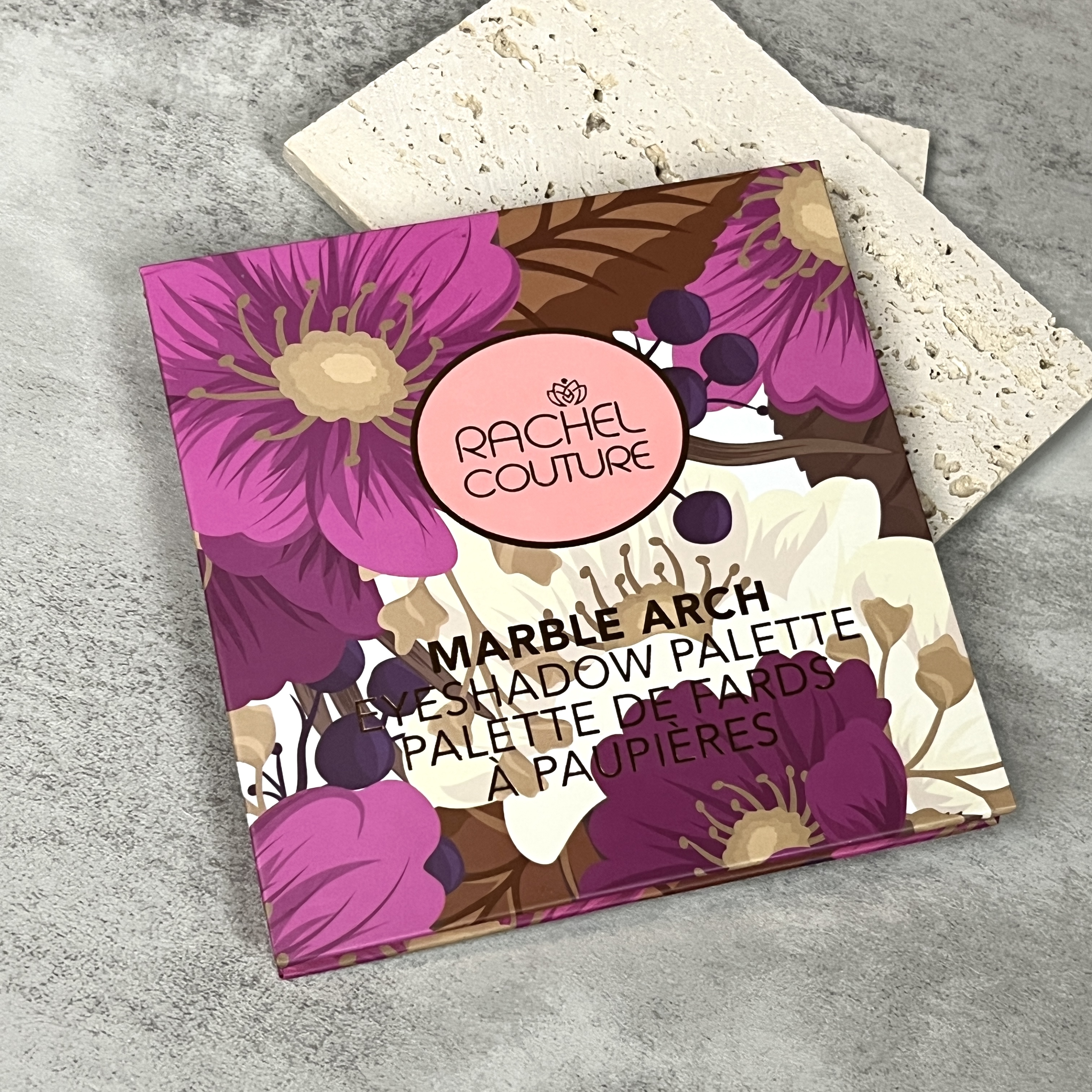 Front of Rachel Couture Marble Arch Eyeshadow Palette for Nourish Beauty Box December 2022