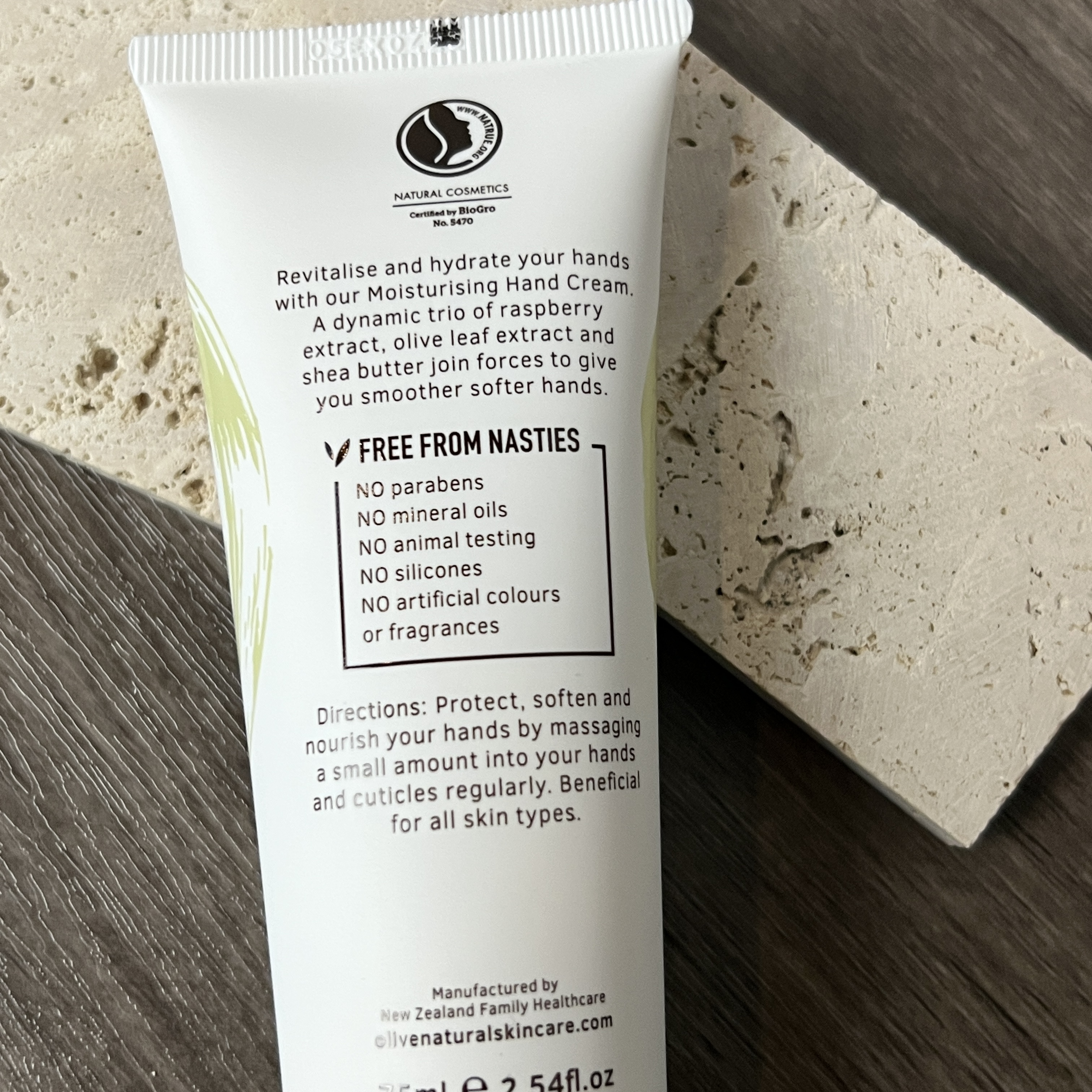 Back of Olive Natural Moisturizing Hand Cream for Cocotique November 2022