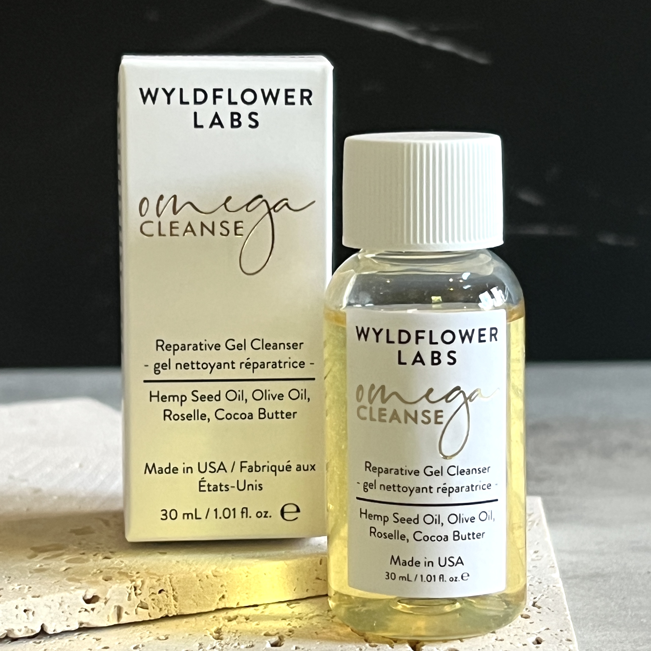 Front of Wyldflower Labs Omega Cleanse Gel Cleanser for Nourish Beauty Box February 2023