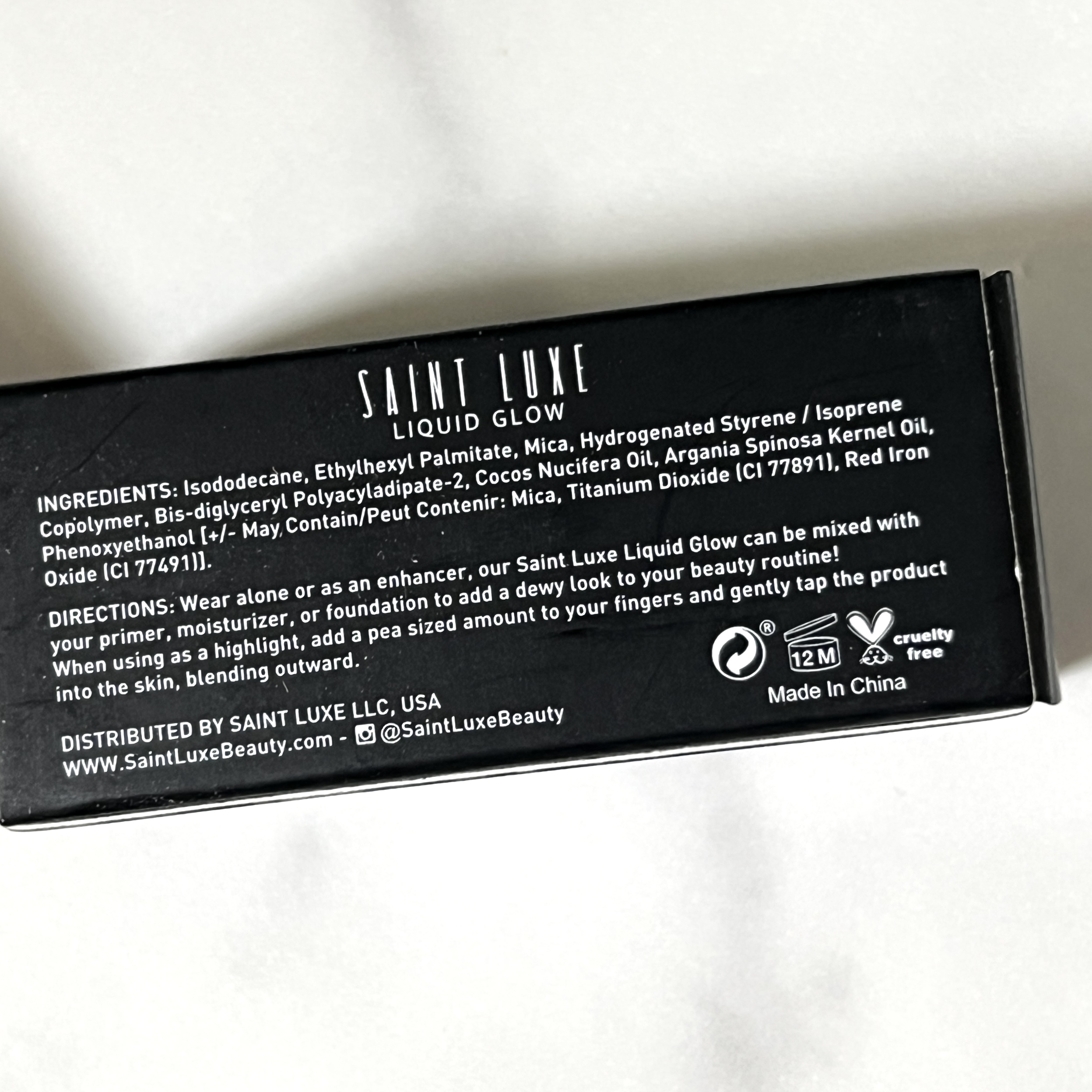 Back of Saint Luxe Beauty Liquid Glow for Cocotique Makeup Lover