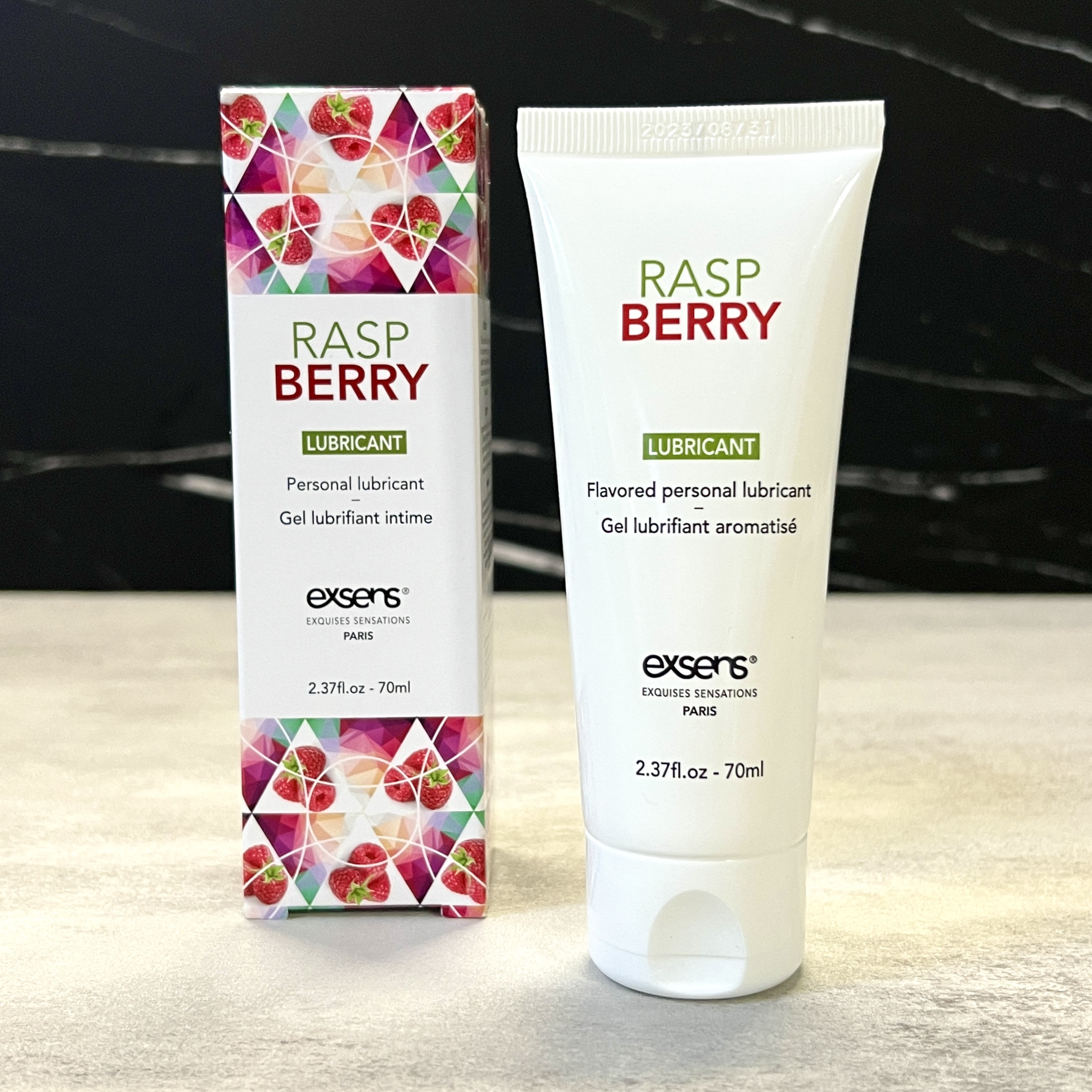 Front of Exsens Raspberry Lubricant for Cocotique May 2023