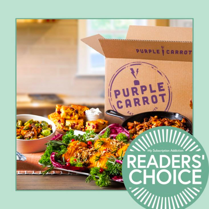 Purple Carrot example box, winner of the best vegan meal subscription box category.