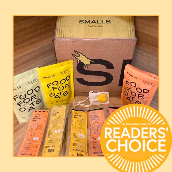 Smalls example box, winner of the best cat food subscription box category.