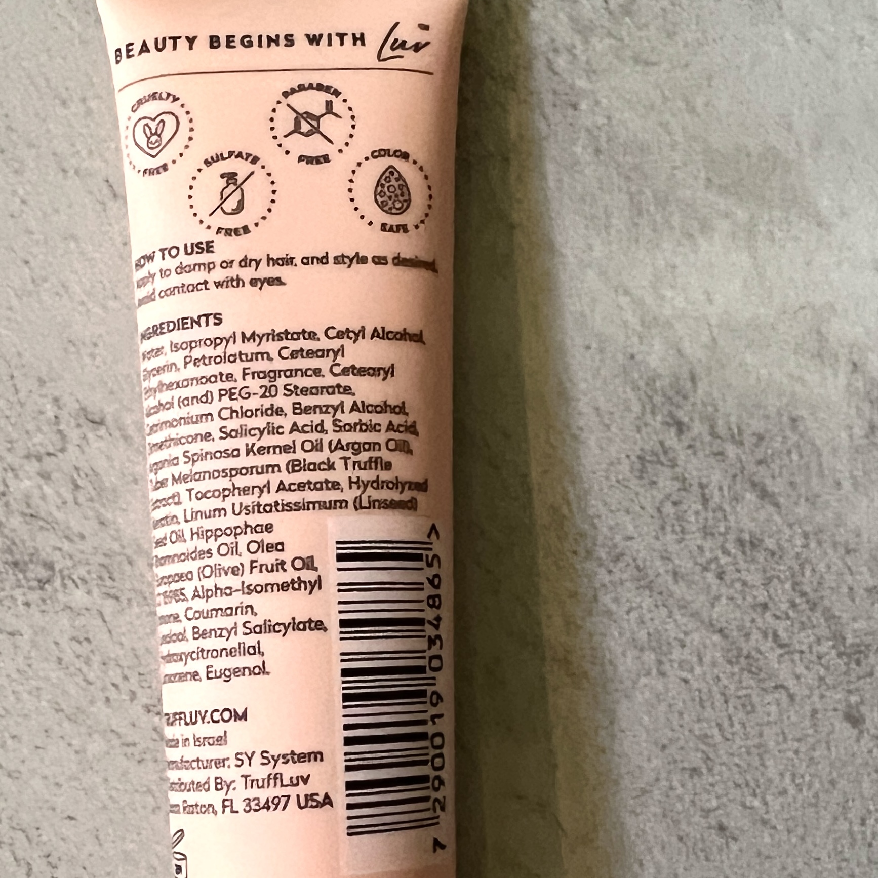 Back of TruffLuv Nourish Argan Style Cream for Ipsy Glam Bag June 2023