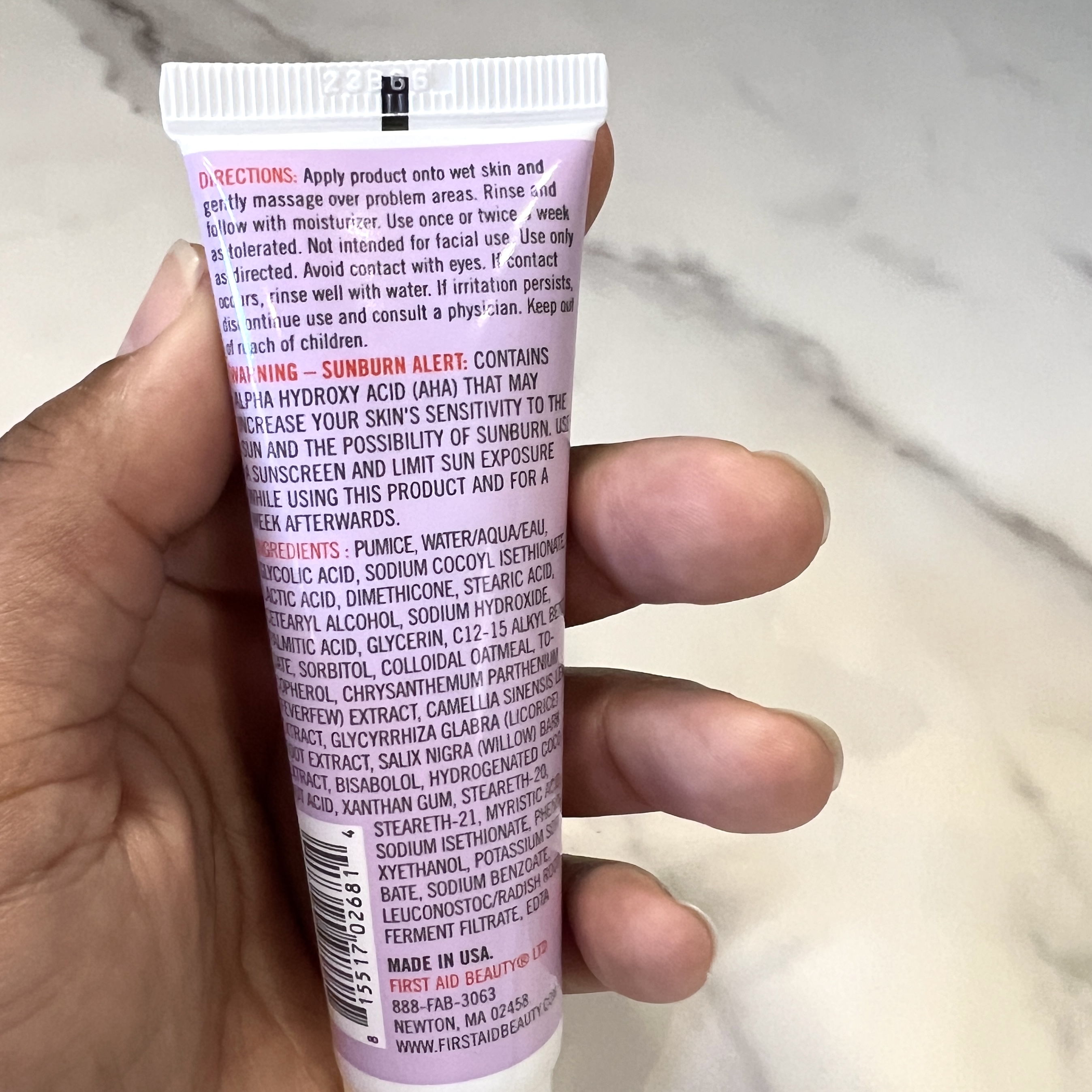 Back of First Aid Beauty KP Body Scrub for Ipsy Glam Bag July 2023