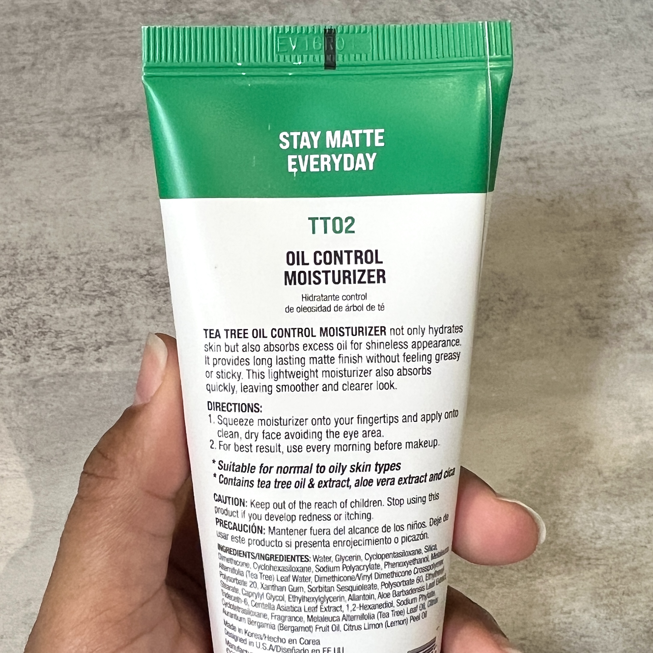 Back of Kiss Tea Tree Oil Control Moisturizer for Cocotique July 2023